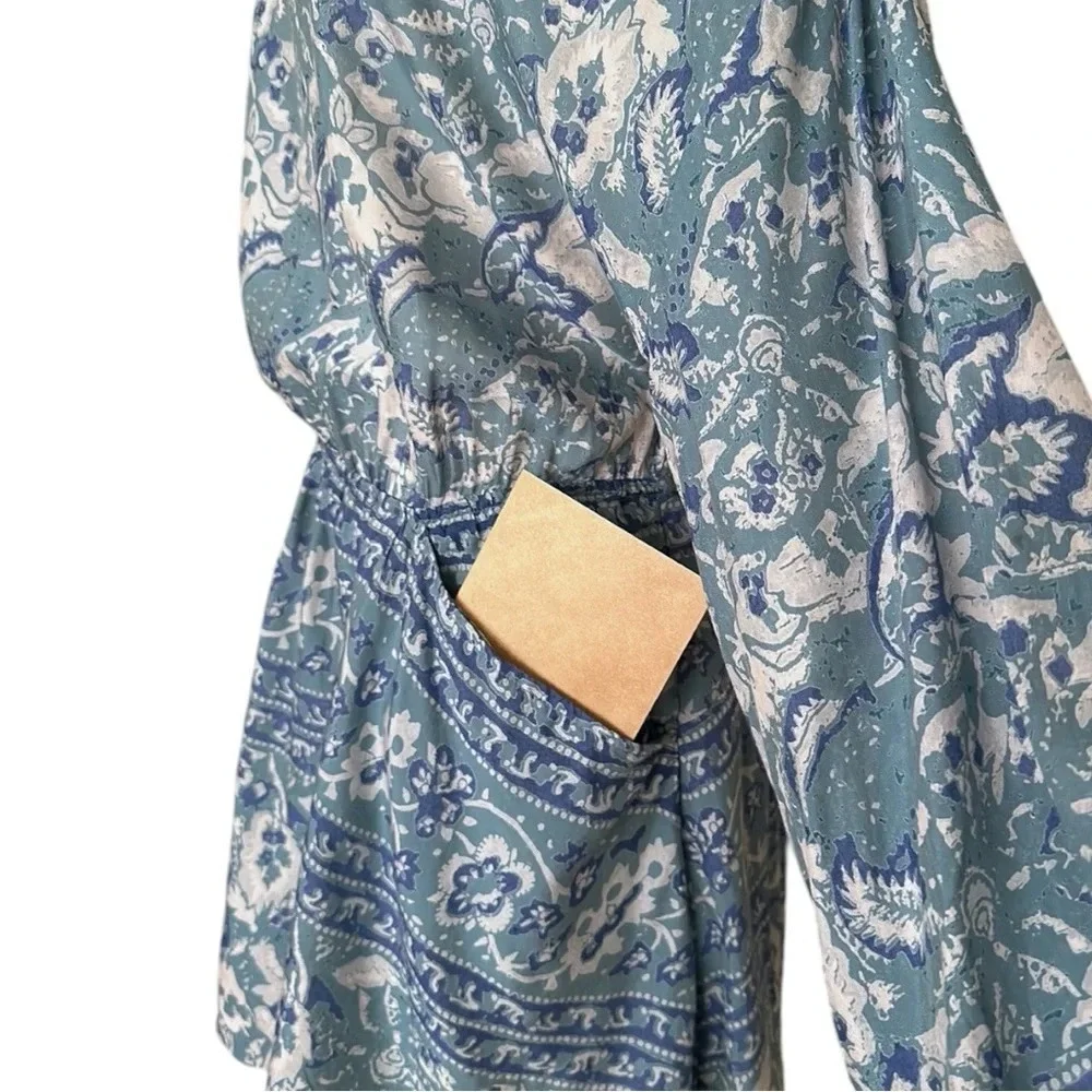FREE PEOPLE Bohemian Mini Dress Silver Sun‎ Cutout Blue Washed Pockets, Medium